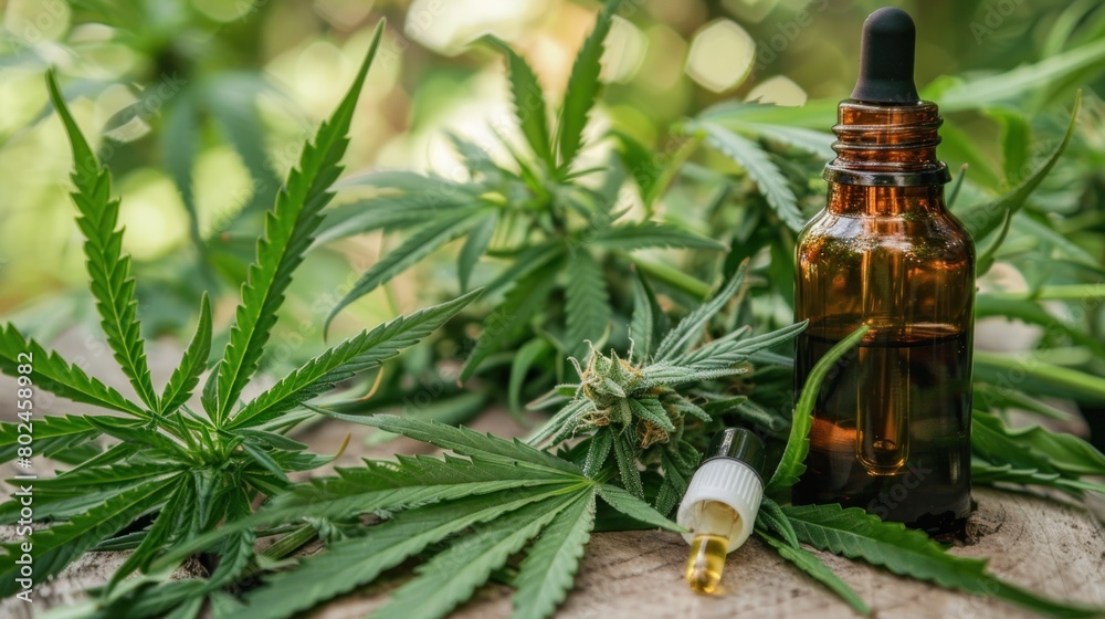 Marijuana oil in bottles and marijuana leaves on wooden table Marijuana oil in bottles and marijuana leaves on wooden table