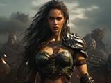 Fierce Female Warrior in Armored Fantasy Battle
