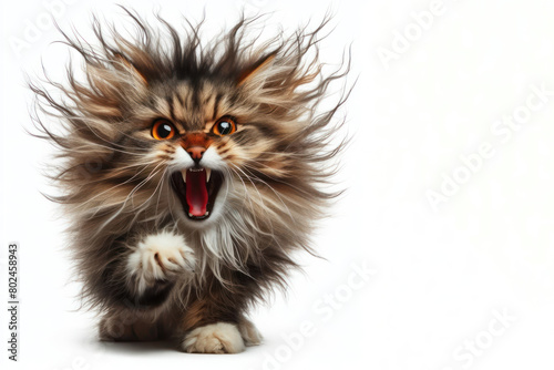 Angry cat hisses with its fur on end on a white background photo