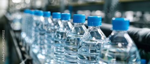 A dynamic view of clear water bottles on a conveyor belt in a modern bottling plant, with the focus on the precision and cleanliness of the production line. Generative ai