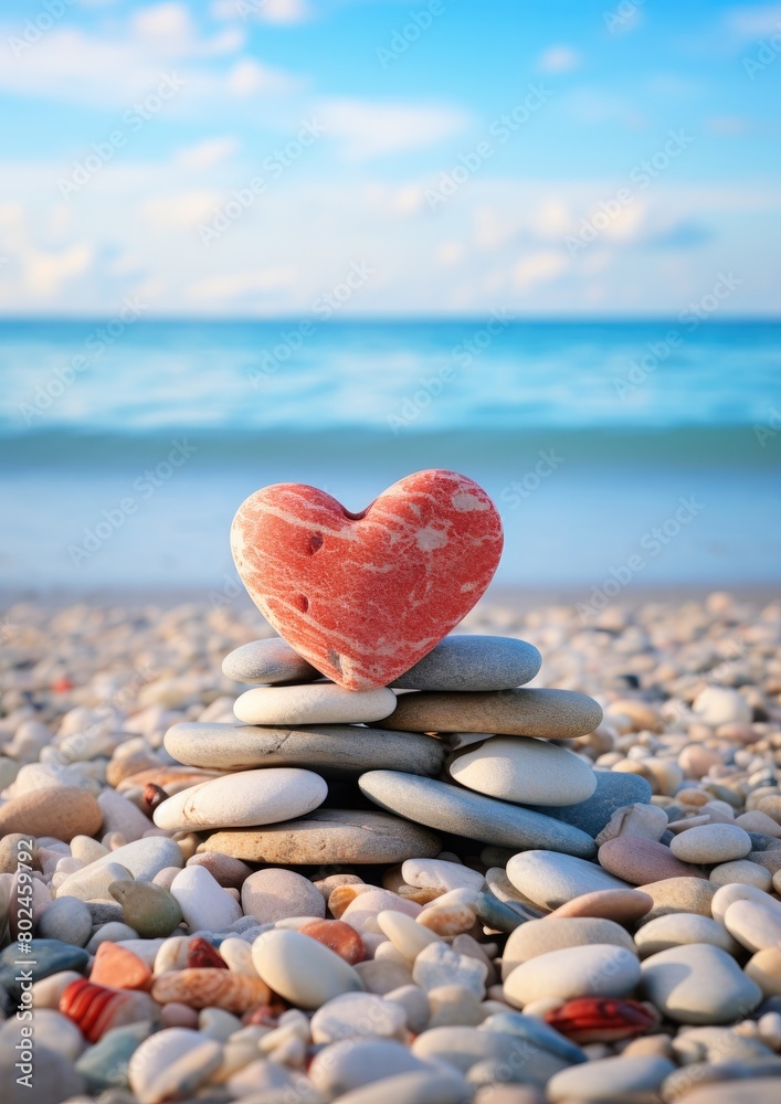 Obraz premium Heart-Shaped Stone on Beach with Ocean Backdrop