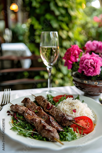 Food, dinner and kebab in restaurant.