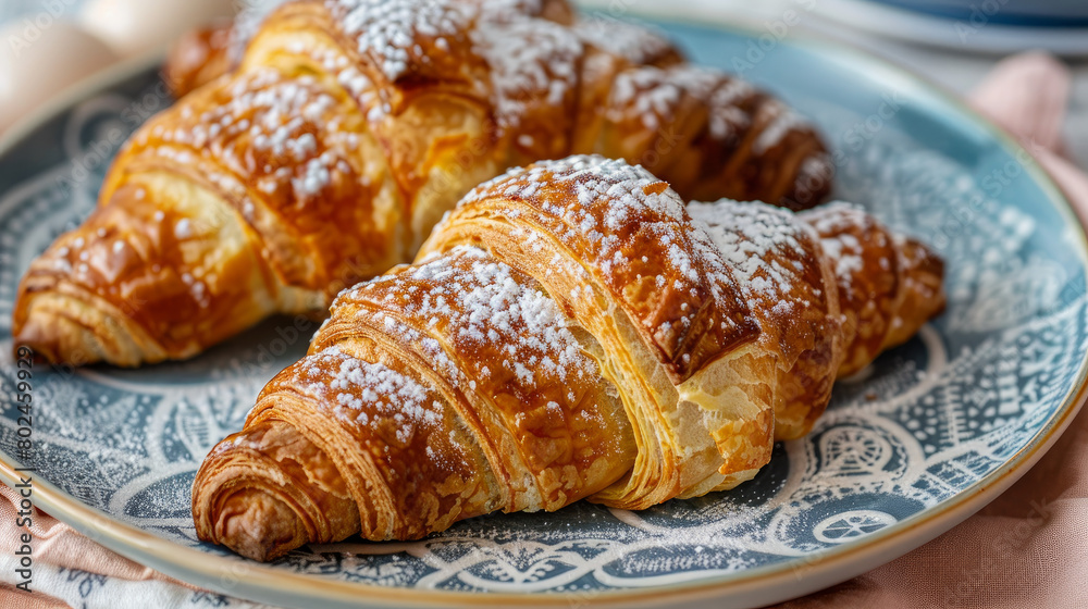 Crispy and flaky croissants are arranged beautifully on a plate. A dusting of powdered sugar adds the perfect sweet touch. Crispy and flaky croissants are arranged beautifully on a plate. A dusting of powdered sugar adds the perfect sweet touch.