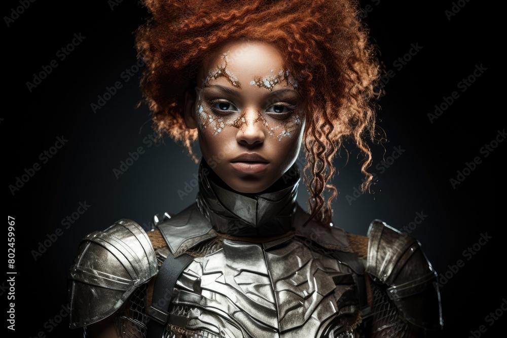 Futuristic Warrior with Curly Hair and Glitter Makeup