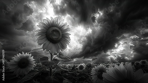  A monochrome image of a sunflower amidst a sea of sunflowers against a backdrop of tempestuous clouds