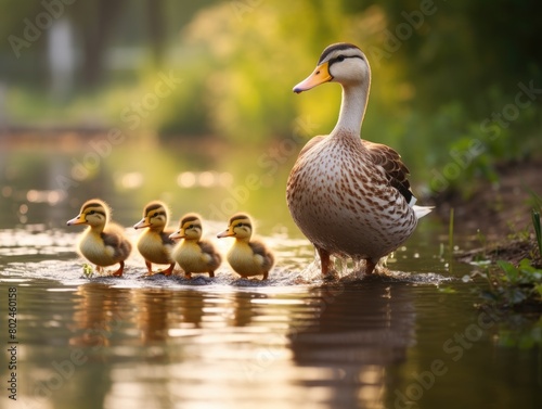 Ducklings Following Mother Duck in Pond