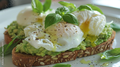 Creamy avocado toast with a perfectly poached egg and fresh basil.