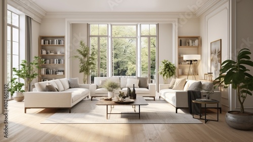 4       A photo of an elegant Dutch living room with white walls  wooden floor and light grey sofa