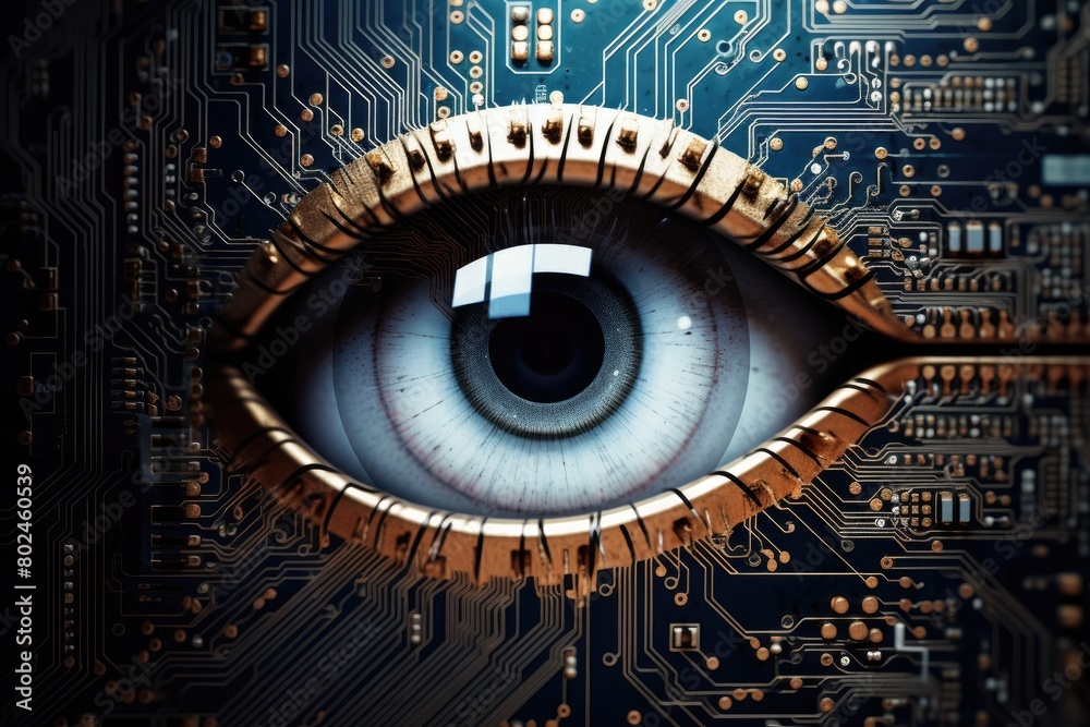 Futuristic Cybernetic Eye on Circuit Board