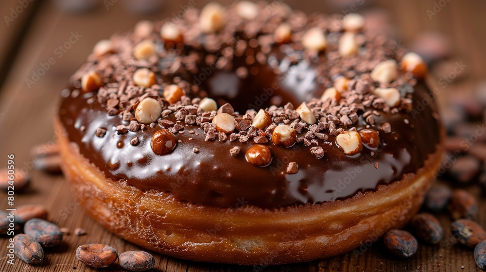   A chocolate donut with nuts sprinkled on top sits atop a wooden table, surrounded by a mound of nuts