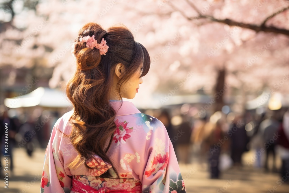 Young Woman in Traditional Japanese Kimono Enjoying Cherry Blossoms