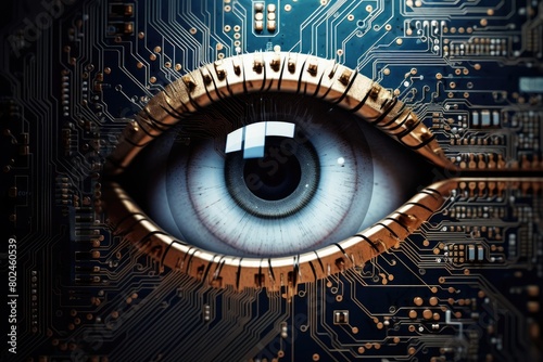 Futuristic Cybernetic Eye on Circuit Board