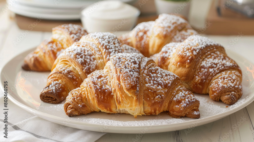 Crispy and flaky croissants are arranged beautifully on a plate. A dusting of powdered sugar adds the perfect sweet touch. Crispy and flaky croissants are arranged beautifully on a plate. A dusting of powdered sugar adds the perfect sweet touch.