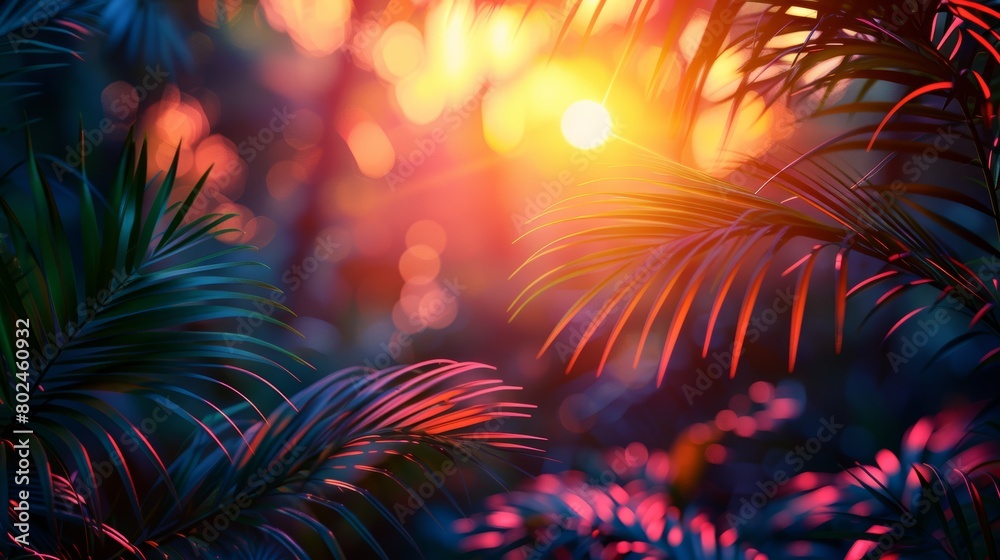 Vibrant Summer Sunset Through Tropical Palm Leaves, Artistic Nature Background