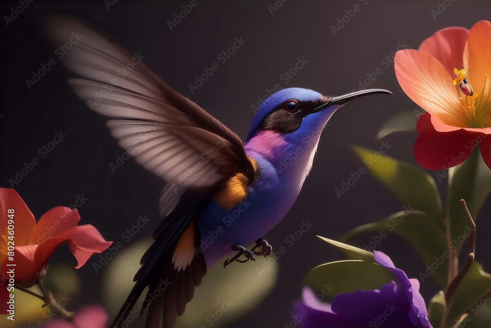Fototapeta premium Hummingbird among flowers, colorful colibri flying on dark background.