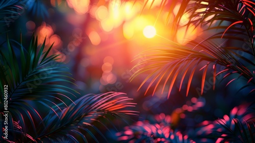 Vibrant Summer Sunset Through Tropical Palm Leaves  Artistic Nature Background