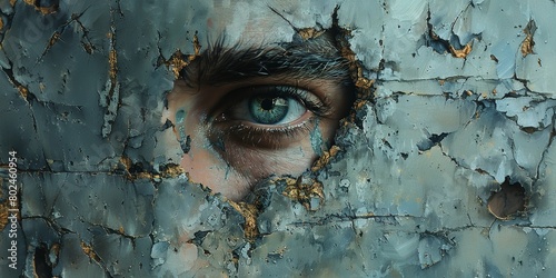 Close-up portrait of a young woman with blue eyes looking through a hole in metal photo