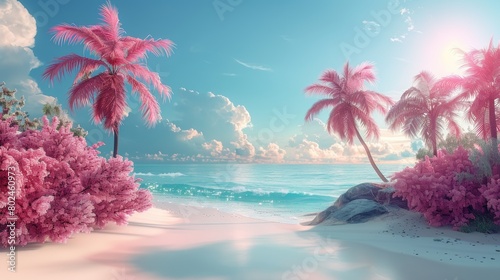 Tropical Paradise With Pink Palm Trees and Serene Beach at Sunset photo