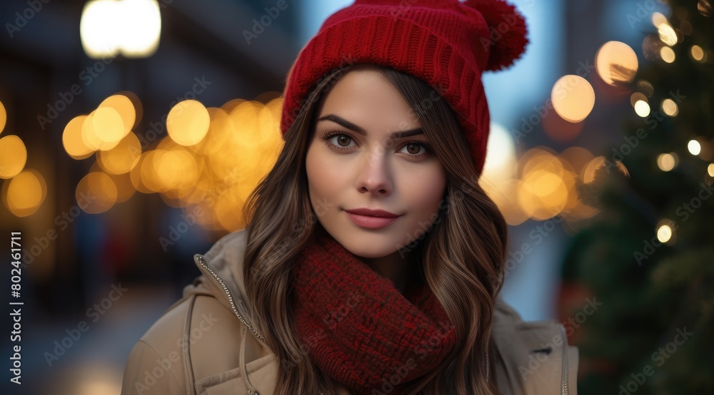 Festive Woman in Red Hat and Scarf Festive Woman in Red Hat and Scarf