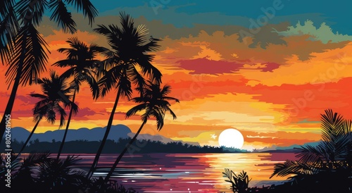 Tropical Sunset Landscape with Palm Trees