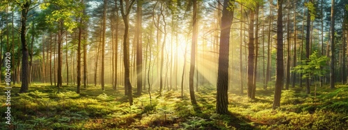 Beautiful forest landscape with tall trees and sunlight shining through the branches © MdImam