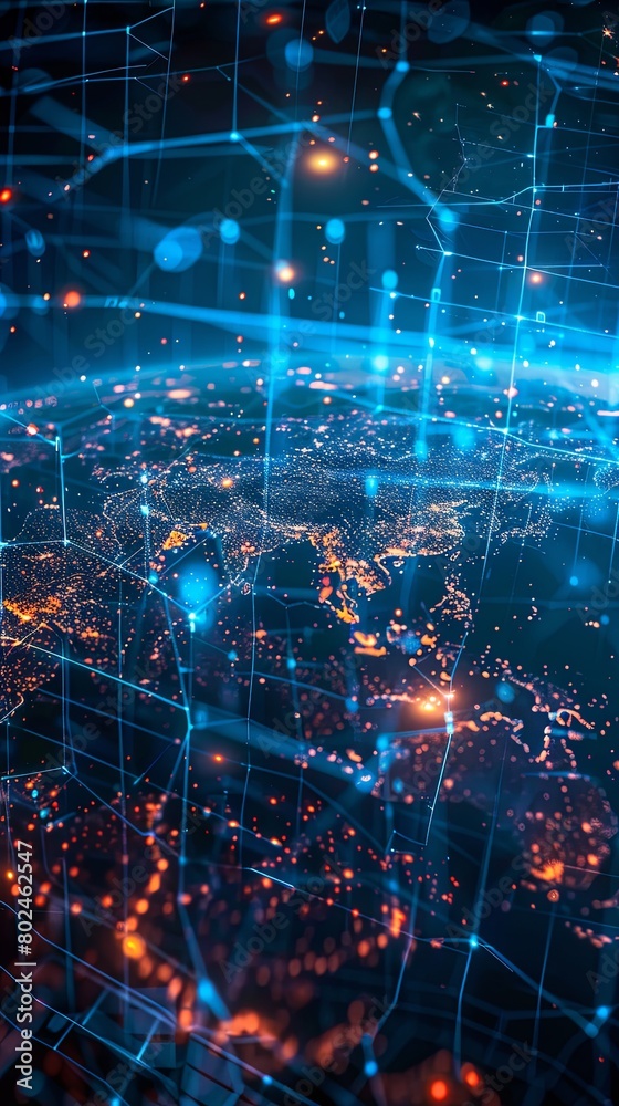 A blue and orange image of a globe with a network of lines and dots A blue and orange image of a globe with a network of lines and dots