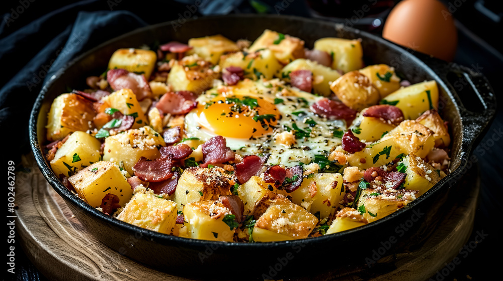 Tiroler Gröstl - bacon, onion, and potato fry-up served with a fried egg.