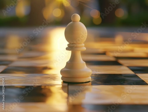A lone chess pawn standing on a board at sunrise, with warm light casting a glow and long shadows.