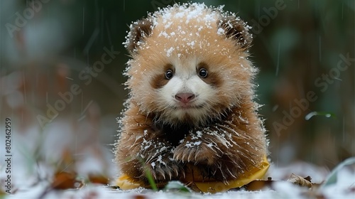 A brown and white animal sits atop a pile of leaves amidst the snow, with its eyes wide open