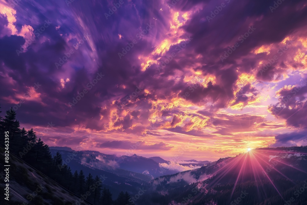 A vibrant sunset over a misty mountain landscape with dramatic clouds and radiant sunlight