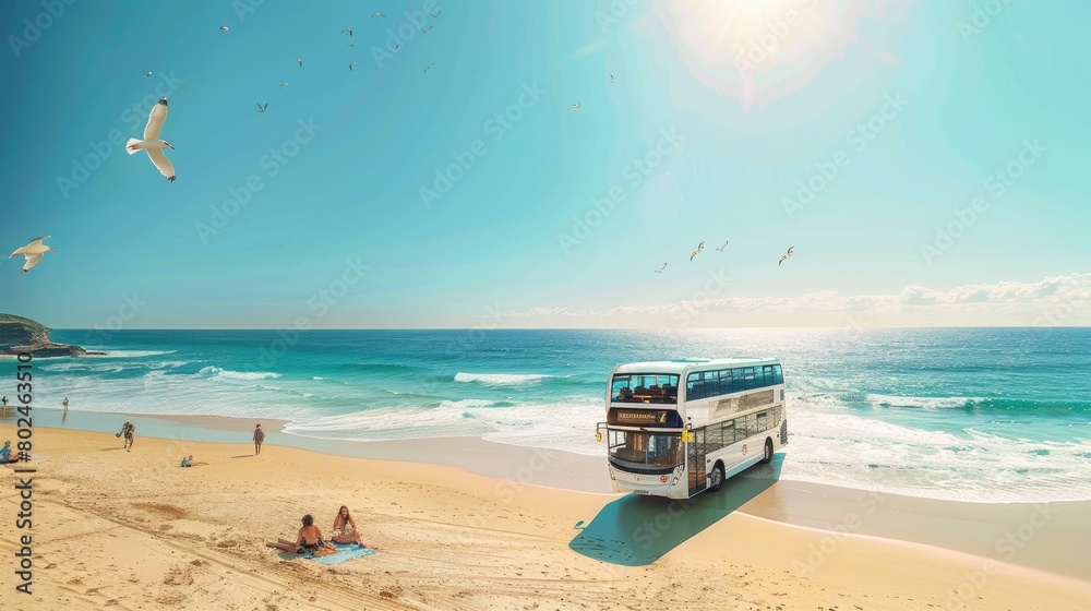 Seaside Serenity: Iconic Double Decker Bus Resting on Sandy Shore