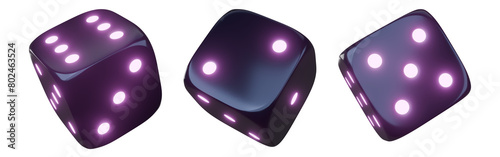 Casino gambling game dice. Iridescent dice with neon colors. Purple dice. 3d render