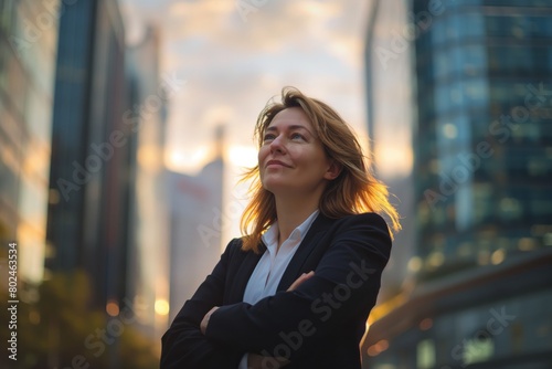 wealthy female young businesswoman looking away with optimism thinking in future investments and ventures 