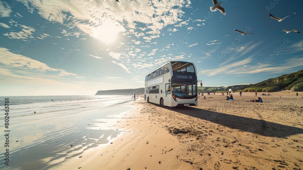 Seaside Serenity: Iconic Double Decker Bus Resting on Sandy Shore Seaside Serenity: Iconic Double Decker Bus Resting on Sandy Shore