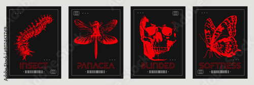 Set of futuristic posters with retro photocopy elements. Stylish caterpillar, skull, butterfly, dragonfly print for streetwear, T-shirts, sweatshirts. Vector illustration.