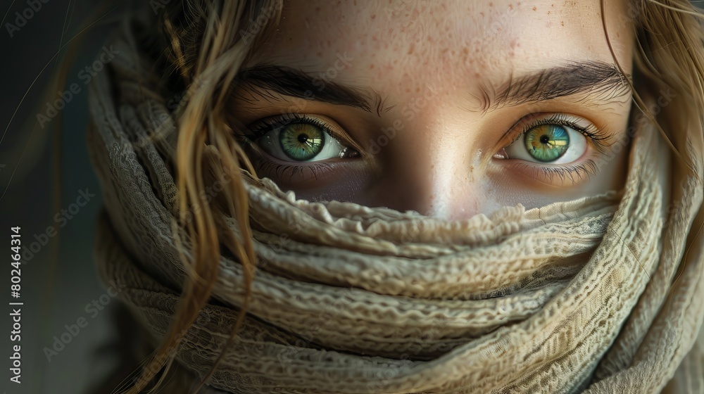 A girl has wrapped a scarf around her face. Her green eyes are visible, and she is staring directly at the camera. A girl has wrapped a scarf around her face. Her green eyes are visible, and she is staring directly at the camera.