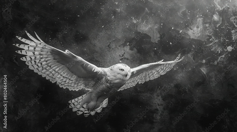 Fototapeta premium B&W pic of owl mid-flight w/spread wings & open eyes