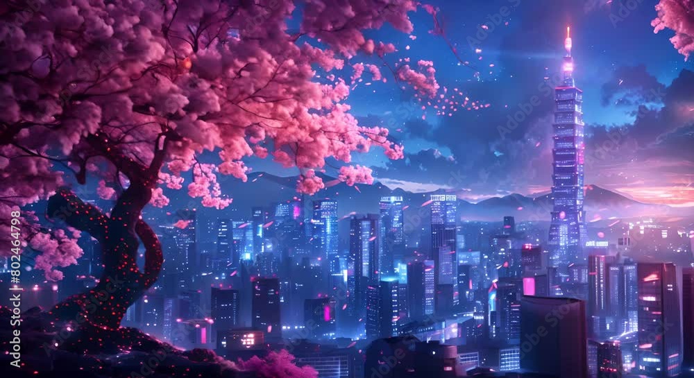 Fantasy Japanese night view city citycape, neon light, residential skyscraper buildings, pink cherry sakura tree. Night urban anime fantasy.