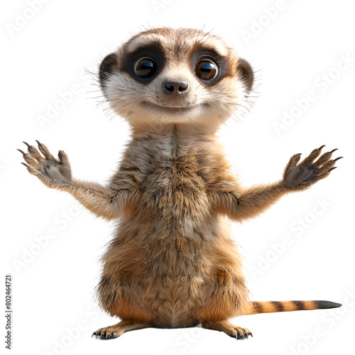 An illustration in 3D cartoon style of a helpful meerkat showing direction to perplexed visitors. photo