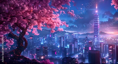 Fantasy Japanese night view city citycape, neon light, residential skyscraper buildings, pink cherry sakura tree. Night urban anime fantasy.