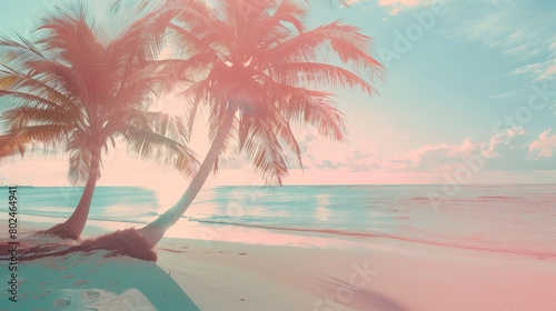 A beach scene with palm trees swaying in the sunlight. The colors are soft and pastel, creating a relaxed and inviting atmosphere. Perfect for a vacation getaway or a tropical-themed party.