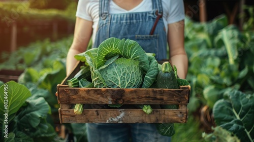 Female farmer holding cabbage and zucchini harvest in a wooden box during harvest season