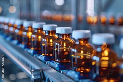 Medicine bottles with liquid on conveyor belt at pharmaceutical plant © Alina