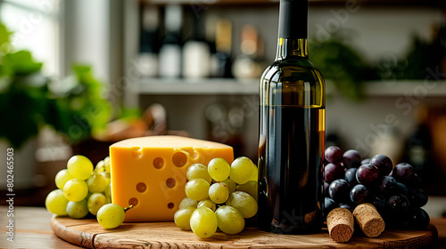 Bottle of wine, cheese and grapes on a table in the kitchen