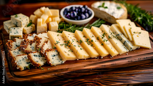 Cheese platter with different types of cheese and herbs on wooden board