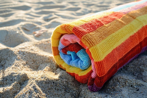 Rolled up towel on beach sand photo