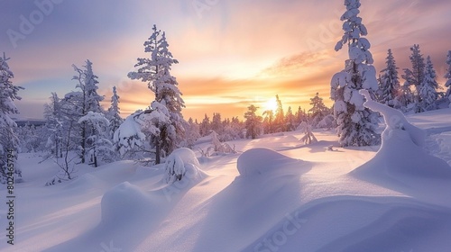 beautiful winter landscape in lapland with snowcovered forest at sunset
