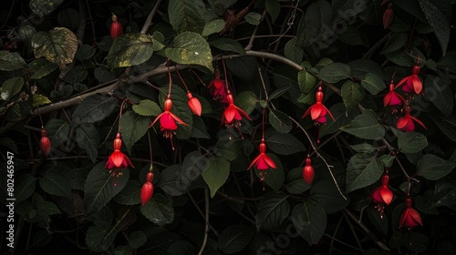 Red Fuchsia in a hedgerow, Ireland, growing under difficult conditions, with a dead branch photo