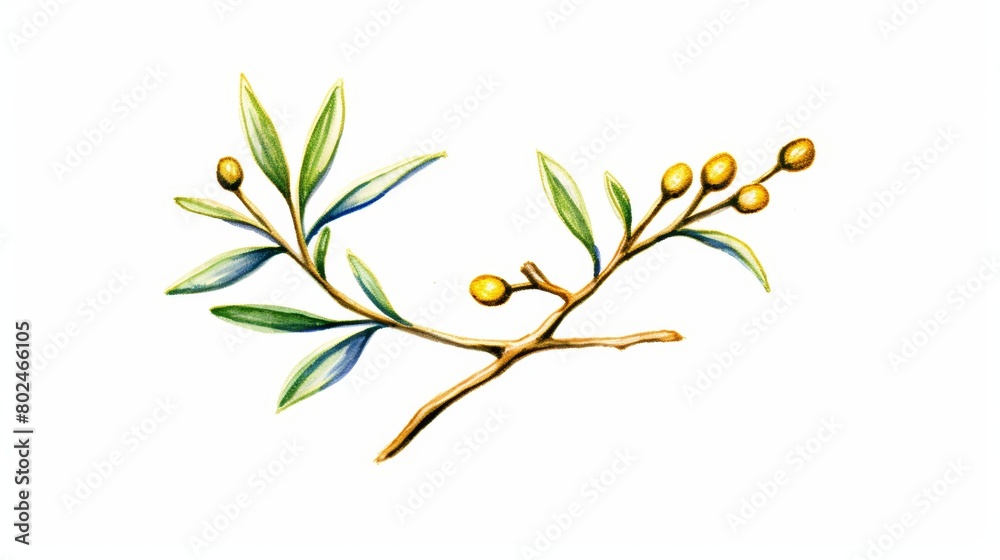 Delicate and refined watercolor painting of mistletoe with gold highlights, isolated on white, creating a stunning visual