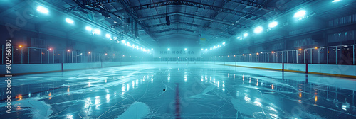 Hockey Ice Rink and Goal , Ice hockey arena with lights and fog 3d rendering toned image